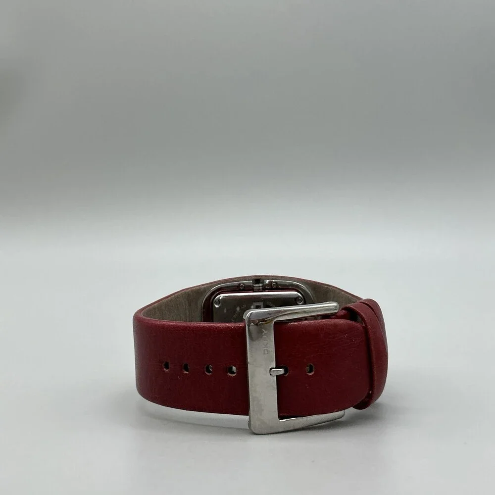 DKNY Womens Watch 33mm Silver Tone White Dial Red Leather Dress Cuff New Battery